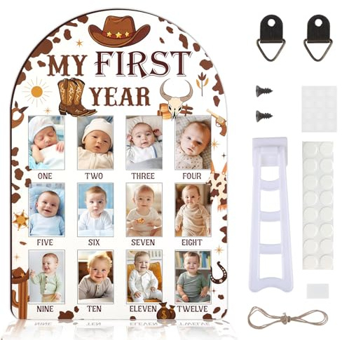 CORNER LACE Western Cowboy My First Year Photo Frame, Baby's First Year Wooden Picture Frame Brown, Newborn 12 Months Milestone Memories Display Wood Board for 1st Birthday Decorations Keepsake Gift
