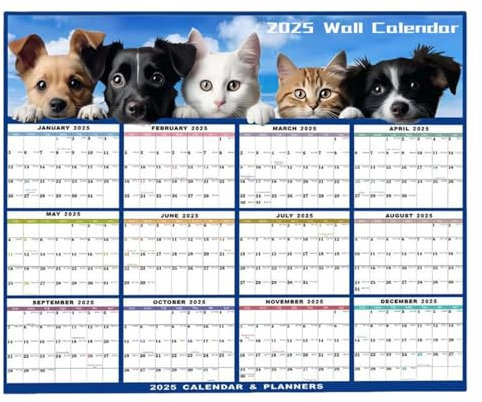 Jahresplaner 2025 Wandkalender, Faltbar Katze Und Hund Wandkalender 2025, Nass Und Trocken Löschbar 12 Monats Wandplaner