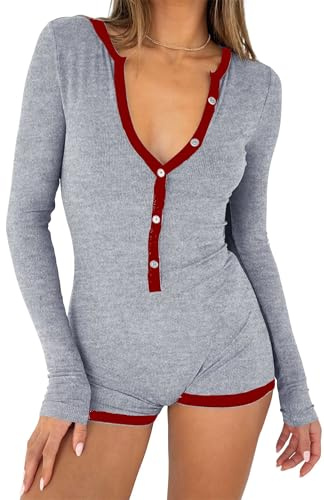 LACOZY Long Sleeve Rompers for Women V Neck Shorts Jumpsuit One Piece Bodysuit Y2k Pajamas Yoga Gym
