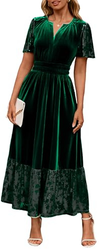 Simplee Women's Formal Velvet Maxi Dress Fall Winter V Neck Floral Short Sleeve Empire Waist Wedding Guest Dresses Green S