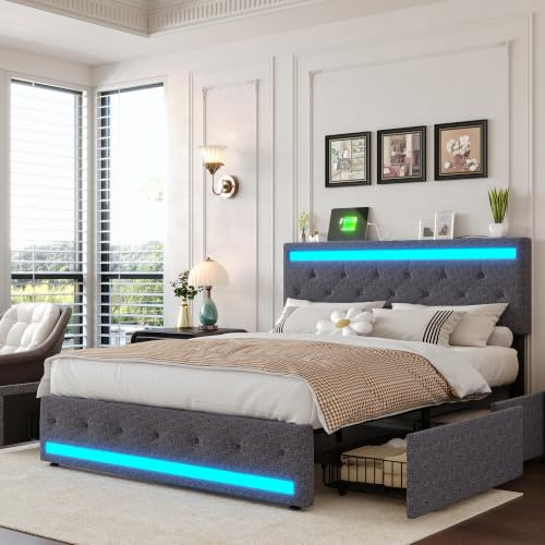 Letto imbottito 140 x 190 cm con illuminazione a LED, letto matrimoniale con 4 cassetti, testiera regolabile in altezza con USB, letto funzionale con rete in legno, lino, grigio scuro