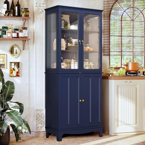 HOLTICO Vetrina Espositiva Soggiorno, Armadio Cucina Indipendente con Ante in Vetro e Legno, Cristalliera Classica con Ripiani Regolabili, Mobili Cucina per Collezionismo, Cucina e Soggiorno, blu