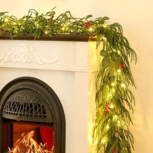 9FT Norfolk Pine Garland with Lights, Pre-Lit Christmas Garland with Red Berries and Eucalyptus Leaves, Real Touch Christmas Garland for Table, Mantle, Fireplace, Stairs & Christmas Decorations