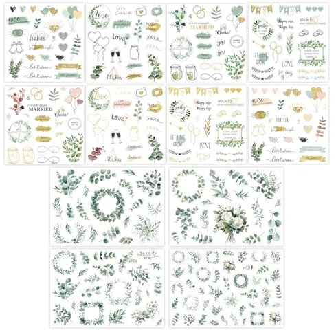 GROVBLE Sticker Hochzeit Gästebuch – über 300 Motive auf 12 Seiten, Hochzeitsaufkleber für Gästebuch, Fotoalbum, Scrapbook & Wedding Deko