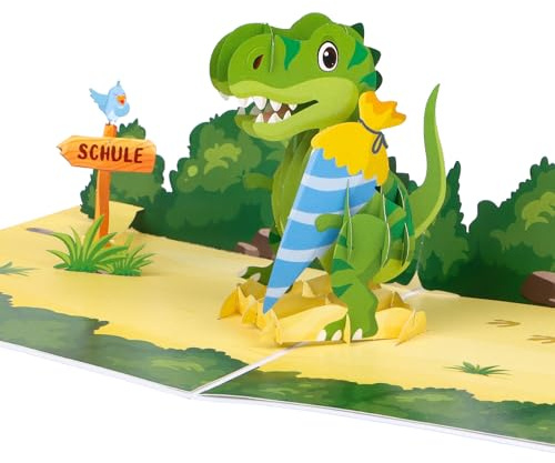 BETESSIN Pop-Up Karte Einschulung Junge - 3D Glückwunschkarte mit Dino & Schultüte Design - Einschulungskarte mit Umschlag - Schulanfang Geldgeschenk & Einschulungsgeschenk für Jungen