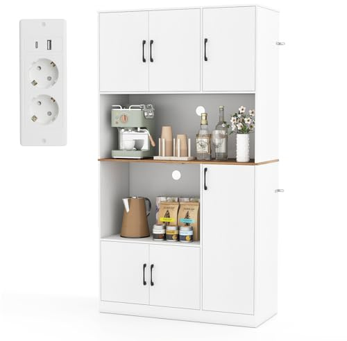COSTWAY Küchenschrank Holz, Buffetschrank mit Steckdose, Hochschrank mit Türen & Arbeitsplatte, Vorratsschrank Aufbewahrungsschrank, für Küche & Wohnzimmer, 100 x 40 x 180 cm (Weiß)