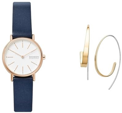 Skagen Damen Signatur Lille Blaue Lederuhr und Kariana Goldfarbene Edelstahl Ohrringe, Set