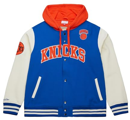 Mitchell & Ness Courtside Fleece NBA Vintage collegejacka med huva, färgkontrasterande ärmar, tryckknappslås, män, kvinnor, barn, unisex, vår, sommar, höst, vinter, New York Knicks, M