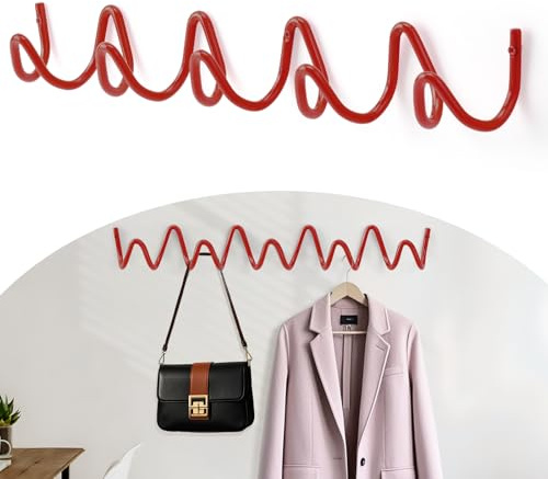 Bumtosc Coat Rack Wall Mount, Creative Wave Wall Hooks 20KG Capacity, Easy Installation, Multi-Purpose Hooks for Coat, Hat, Bag, Umbrella (Red, 49cm x 7.5cm (19.29 x 2.95))