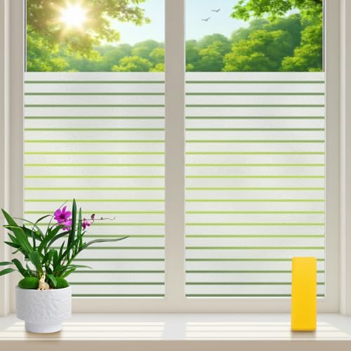 Zindoo Window Film Privacy Film for Glass Windows 44.5x200cm, Frosted Stripe Pattern Static Cling, Opaque No Glue Sticker Glass Coverings Vinyl UV Protection for Office Home Kitchen