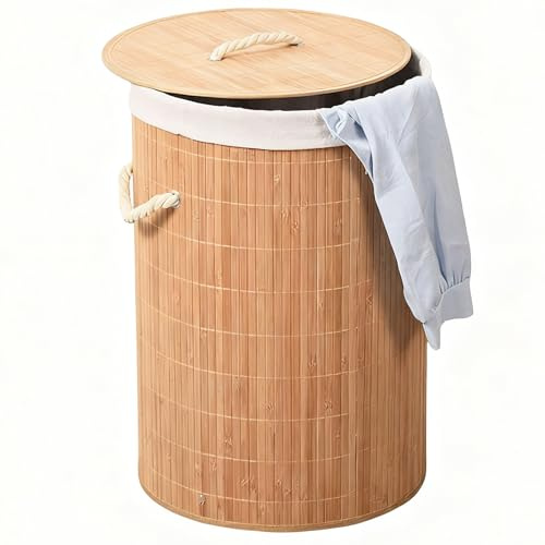 Cesto Ropa Sucia con Tapa, 60L Cesta de Lavandería de Bambú, 35x35x60cm | Plegable, con Bolsa Lavable Extraíble, Asas, para Lavandería y Dormitorio