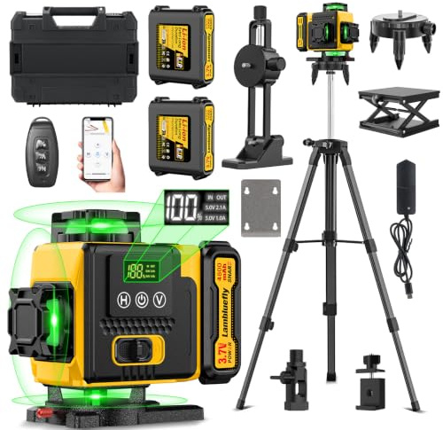 Lambluefly Livella Laser con Treppiede,Livella Laser Autolivellante 360 con 2x4800mAh Batterie, 4X 360 °Livello Laser con Indicatore LED,16 Linee Laser Verde/APP/Telecomando/IP54 Impermeabile