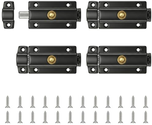 Lot de 4 Loquet Porte à Ressort, 3 Pouces Serrure Porte Métal, Verrou de Porte Verrouillage, Acier Inoxydable, Bouton Laiton, Réversible, Vis Incluses, pour Cage, Coulissante (Noir)