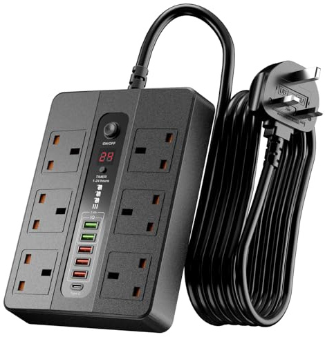 Timer Power Strip UK, 6 Way Outlets with 6 USB Ports, 3000W Overload Protected Extension Lead with 1-24H Timer & Master Switch, 1.8M Cable, Wall Mounted Multi Plug Power Socket for Home Office Kitchen