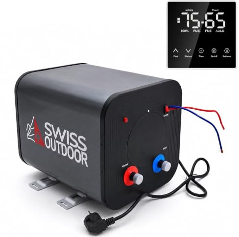 SWISS OUTDOOR Chauffe-eau hybride 6 l pour camping-car, camping-car, van, bateau et abri de jardin, 12 V CC et 230 V CA, écran LCD avec contrôle de la température