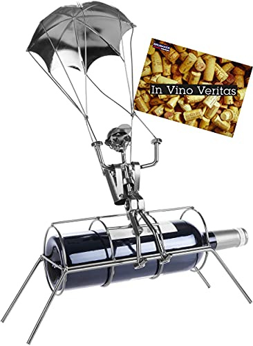 BRUBAKER Flaschenhalter Fallschirmspringer - Weinflaschenhalter aus Metall Fallschirmsprung - Skulptur mit Geschenkkarte - Silber
