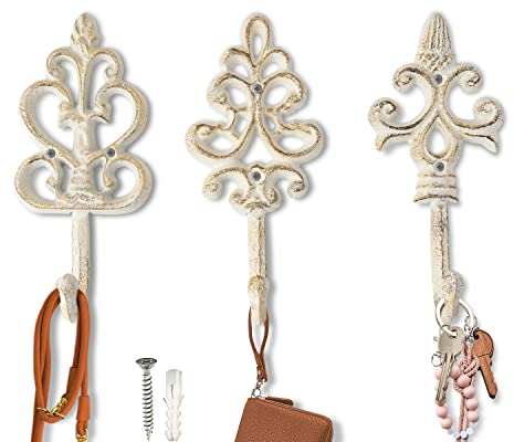 Ganci decorativi in ghisa Shabby Chic - Rustico - Dorato - Bianco Rustico - Metallico - Fascino di campagna francese - Grandi ganci decorativi appesi - Set di 3 -Viti e ancore per il montaggio incluso