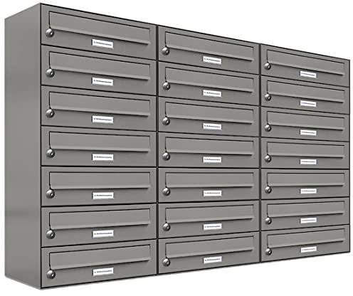 AL Briefkastensysteme 21er Briefkastenanlage Aluminiumgrau RAL 9007, Premium Briefkasten DIN A4, 21 Fach Postkasten modern Aufputz