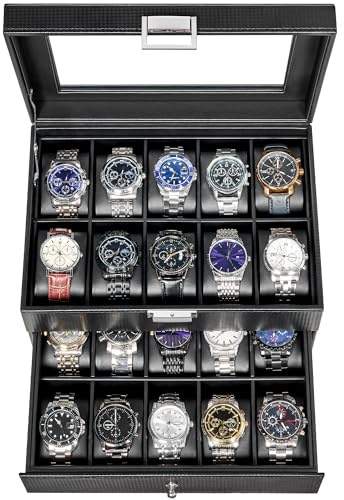 BEWISHOME Watch Case, 20-Slot Watch Box Organizer for Men Watch Case with Large Glass Lid Watch Travel Case Removable Watch Pillows, Mens Jewelry Box Watch Display Case, Watch Storage, Black SSH04C