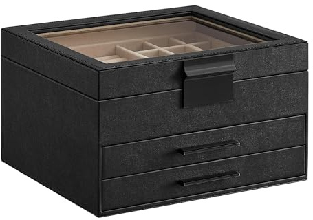SONGMICS GISELLA Collection - Jewelry Box Organizer, 3-Layer Jewelry Storage with 2 Drawers, Shiny Metal Hardware, Glass Lid, Modern, 8 x 9.1 x 5.3 Inches, Ink Black and Silver UJBC239BK