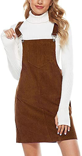 Hooever Women's Cute Corduroy Overall Bib Dress Pinafore Suspender Dress Skirt Jumper（Brown-S）