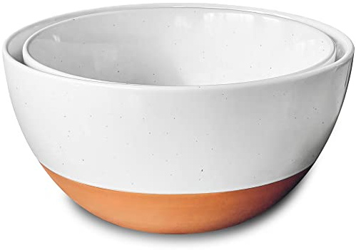 Mora Ceramic Large Mixing Bowls - Set of 2 Nesting Bowls for Cooking, Serving, Popcorn, Salad etc - Microwavable Kitchen Stoneware, Oven, Microwave and Dishwasher Safe - Extra Big 2.5 & 1.6 Qt - White