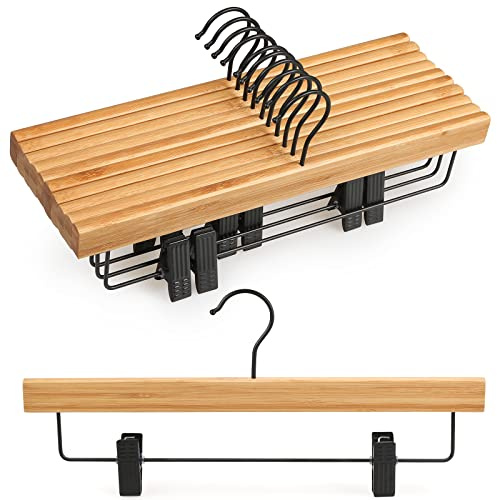 TOPIA HANGER Pants Hangers 10 Pack, Bamboo Clothes Hangers with Black Clips and Rotatable Hook, Durable Natural Wooden Hangers for Skirts, Pants, Jeans, Shorts - CTS04