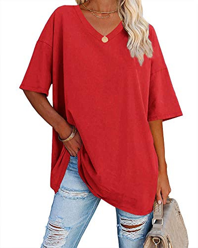 Ebifin Maglietta Oversize da Donna con Scollo a V Manica Corta Casual Sciolto di Base Estivo Magliette Camicetta