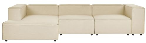Beliani Modul-Ecksofa Leinen beige 3-Sitzer Sofa mit Chaiselongue rechtsseitig Aprica