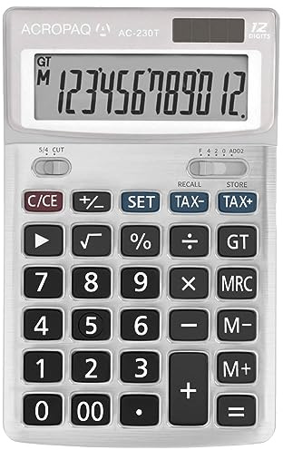 ACROPAQ - Taschenrechner mit extra großen Tasten - 12 stelliges LC-Display, Dual Power (Batterie+Solar), Mit Speicher, Auf- und Abrundung, Schnellkorrektion,Vorzeichenänderung und vieles mehr - Weiß