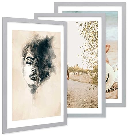 PHOTOLINI Bilderrahmen 40x60 Silber Holz MDF, 3er Set breite 40x60 cm Bilderrahmen mit bruchsicheres Acrylglas, Rahmen 60x40 zum Aufhängen & Zubehör - Fotorahmen als stilvolle Wanddekoration