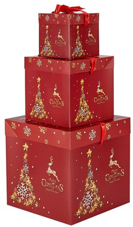 Bullpiano Stapelbare Weihnachts-Geschenkboxen-Set, 3 Stück, quadratische Weihnachts-Geschenkboxen mit Deckel und Schleifen, 3 Größen, stapelbare Weihnachtsdekorationsboxen, Weihnachtsdekoration,