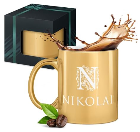 Maverton Keramik Kaffeetasse 330ml mit Gravur - Kaffeebecher mit funktionellem Henkel - personalisierter Keramikbecher für Männer zum Geburtstag zu Weihnachten - gold glänzend - Innen weiß - Name