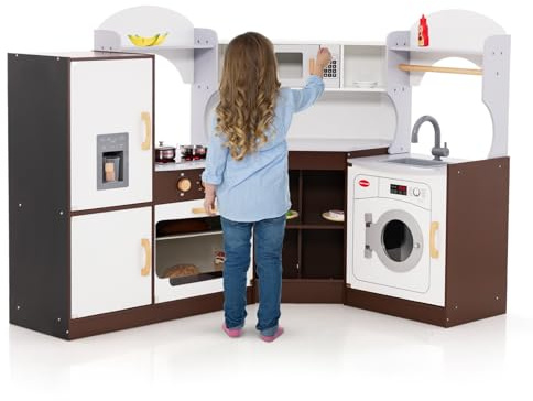 DREAMADE Cuisine Enfant pour 3 Ans+, Cuisine d’Angle en Bois avec Machine à Glaçons, Jeu d'Imitation avec Effets Sonores & Lumineux, Accessoires Inclus (Marron)