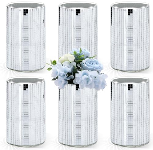 Hushee 6 Pcs 6 Pcs Disco Ball Vase Disco Planter Cylinder Glass Vase Mirror Tiles Modern Planter Pot Candle Holder for Wedding Centerpieces Birthday Party Gift Bedroom Decoration (6'')