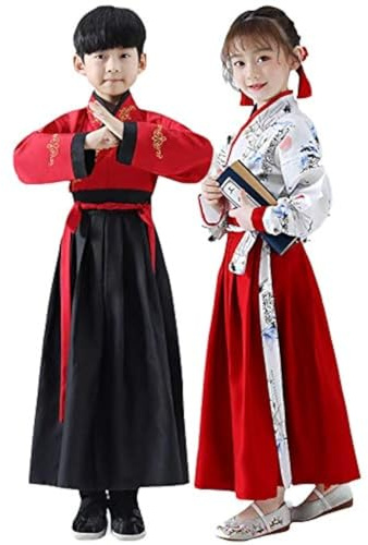 TANZEQI Chinese Traditional Hanfu Dress Suit for Boys and Girls Han Dynasty Ancient Party Dress Traditional Culture Clothing Formal Festival Wear (White and Red, 150)