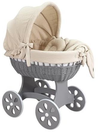 Wiklinopol Stubenwagen, Moseskorb Baby mit Gestell Annabell – Bollerwagen mit Rollen aus Naturweide – inkl. Matratze & 5-TLG. Beige Musselin-Bettwäsche – Korb: Grau