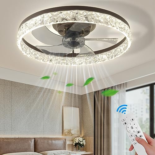 20 Modern LED Ceiling Fan with Lights Dimmable Acrylic Dimmable Low Profile Ceiling Fan Flush Mount Bladeless Chandelier Fan Stepless Color Temperature Change and 6 Speeds (Brown)