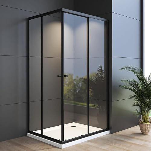 WDWRITTI Eckeinstieg Duschkabine Schiebetür 80x80x185cm, Schwarz Duschabtrennung Schiebetüren Echtglas Duschtür aus 6mm Nano Glas, Glas Eckeinstieg Duschwand Eckdusche Höhe 185cm