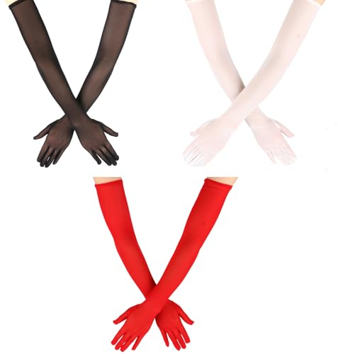 3 Paar Lange Tüll Handschuhe für Damen,Lange Damenhandschuhe,Handschuhe Lang,Nylon Handschuhe,Netzhandschuhe,für Halloween Oper Hochzeit Brautparty Abschlussball(Weiß, Schwarz, Rot)