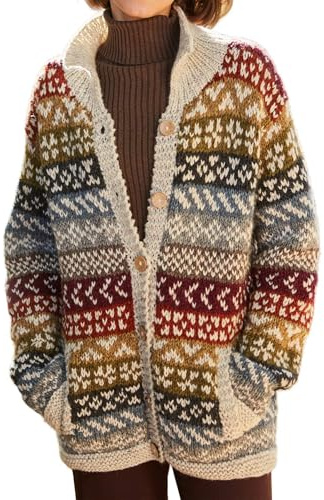 Pachamama Women Wool Cardigan Handknitted Fair Isle Nordic Oatmeal Colourful Handmade Thick Warm Pockets Buttoned Fair Trade (UK, Alpha, L, Regular, Regular, Oatmeal)