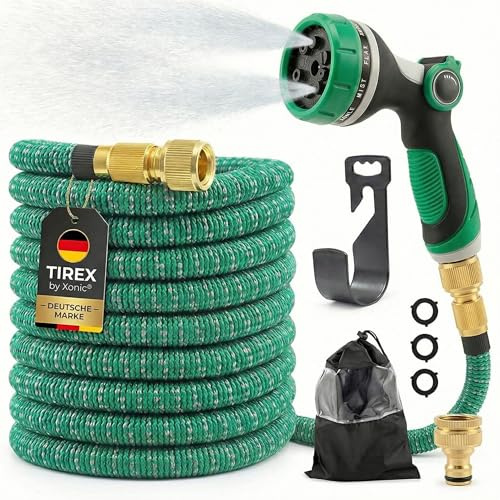 TIREX by xonic® Flexibler Gartenschlauch mit 10 verschiedenen Strahlarten – leichter Wasserschlauch flexibel mit 3-fach Latexkern – dehnbarer Flexschlauch/Gartenschlauch flexibel (Grün, 15m)