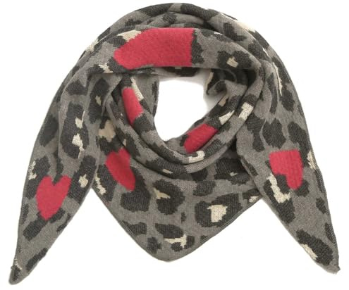 stylx Damen Schal XXL Dreieck mit Leopard Muster LEO HERZ Warm Weich Strickschal Karo Winterschal Herbstschal Wolleschal Frauen Deckenschal Halstuch Scarf Poncho Cape (schwarz/grau)