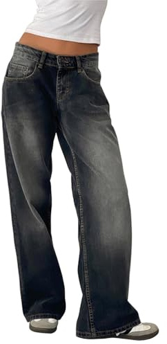 ticticlily Jeans a Vita Bassa Donna Baggy Larghi Pantaloni Jeans Gamba Dritta Larga Pantalone in Denim Boyfriend Harajuku Hiphop Straight Wide Leg Pants Streetwear B Grigio XS