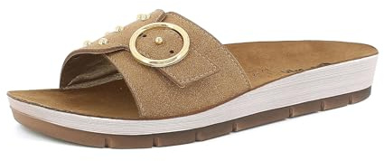 inblu Femme Ciabatte Donna Con Fibbia Tonda E Borchie Dorate, Plantare in Vera Pelle Imbottito Sandale Glissante, Beige, 37 EU