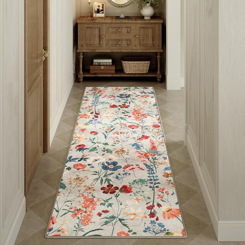 HUGEAR Hallway Runner Beige Washable Flower Area Rug 60x240cm Non Slip Boho Natural Modern Floral Long Carpets Runners Kitchen Dining Room Bedroom Bedside Office Low Pile Carpet