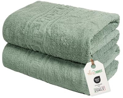 nice homeit Juego de 2 Toallas de baño Grandes 100 x 150 cm – Extra Large Toalla de baño 100% algodón Hilado en Anillo – Extra Suave y Absorbente Made in Italy (Verde)