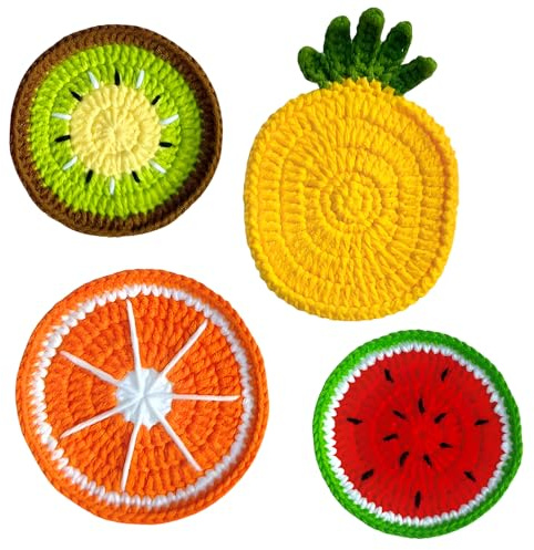 Coasters Set of 4, Coasters, Handmade Knit Fruit Cork Coaster for Home and Office Decor, Unique Housewarming Gifts for Women, Colorful Coffee Table Accessories