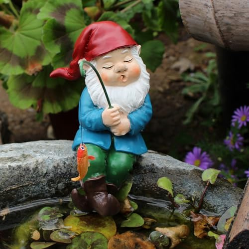 Dingzhidiy Garden Gnomes Outdoor Statue, Funny Fishing Dwarf Figurine, Poolside Sleeping Gnome with Fishing Rod, Resin Dwarf Sculpture for Patio Landscape Fairy Garden Decor
