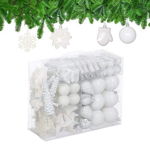 Relaxdays Weihnachtskugeln 100er Set, glitzernd, matt & glänzend, Baumschmuck, Kunststoff, Verschiedene Designs, weiß